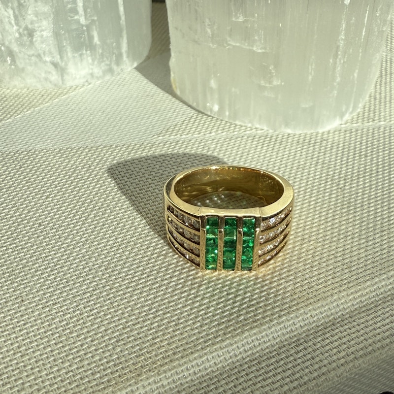 Vintage 18k Yellow Gold Channel Set Diamond and Emerald Ring