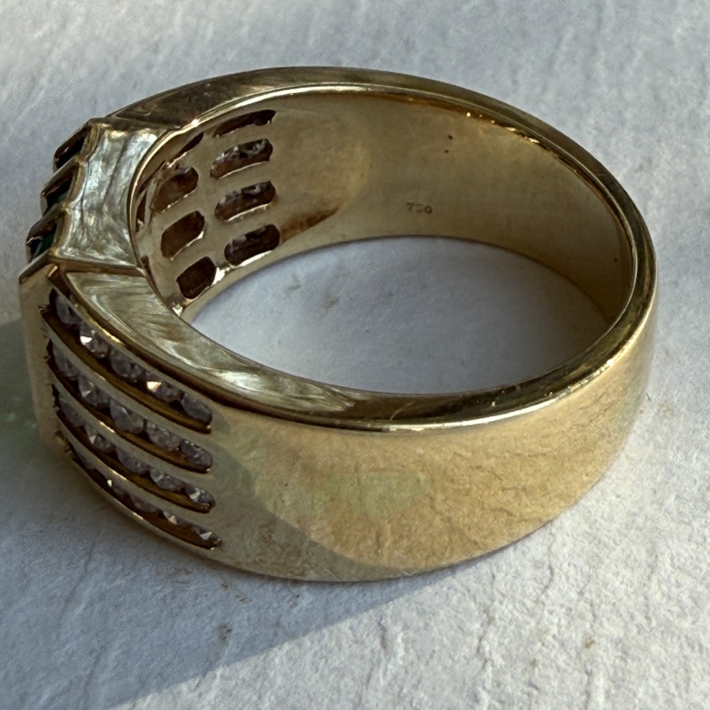 Vintage 18k Yellow Gold Channel Set Diamond and Emerald Ring