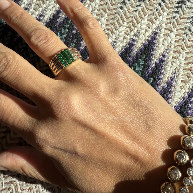 Vintage 18k Yellow Gold Channel Set Diamond and Emerald Ring