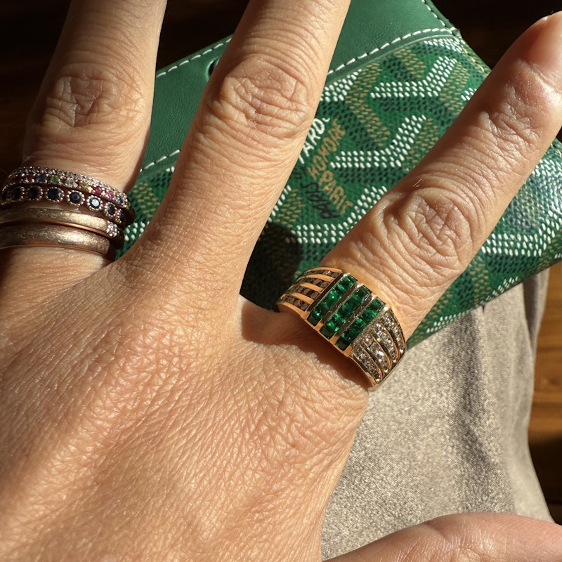 Vintage 18k Yellow Gold Channel Set Diamond and Emerald Ring