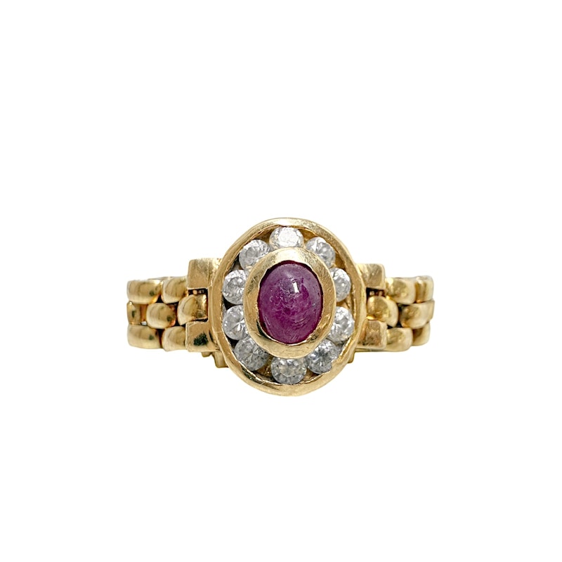 Vintage 18k Yellow Gold Ruby Cabochon Panther Link Ring