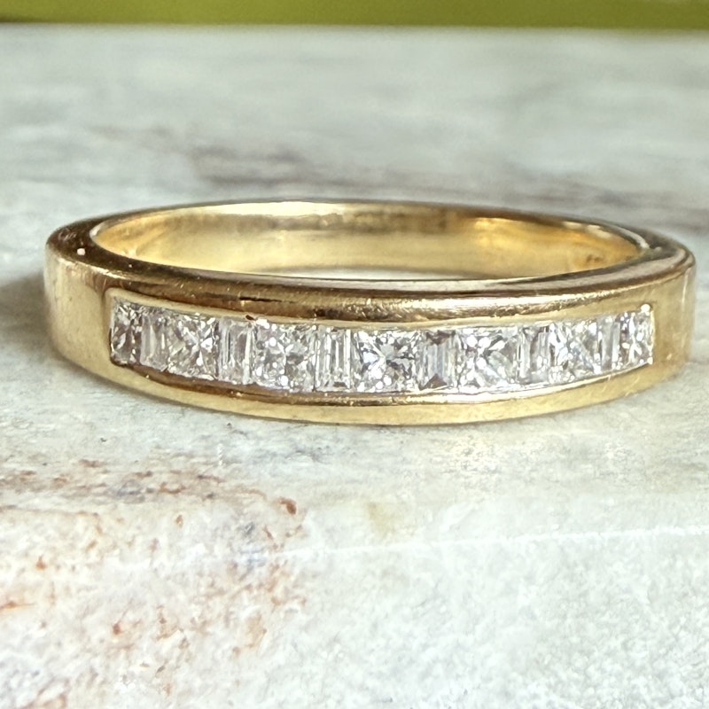 14k Yellow Gold Channel Set Princess and Baguette Diamond Band Ring