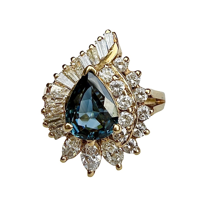 Pear Shaped Teal Sapphire and Diamond Spiral Halo Ring