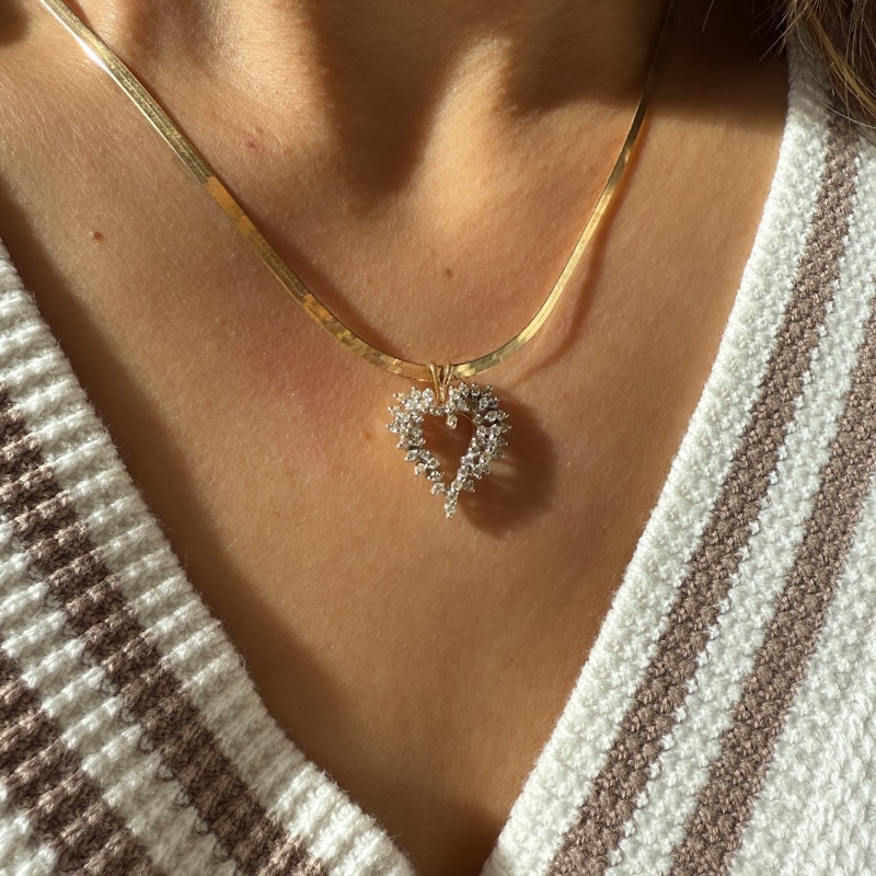 14K Yellow Gold Diamond Cluster Open Heart Pendant