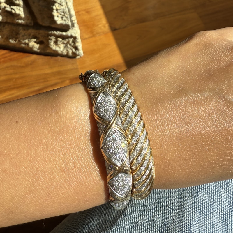 14k Two-Tone Diamond Crisscross Pavé Hinged Bangle