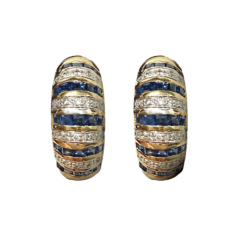 14k Yellow Gold Blue Sapphire and Diamond Stripe Huggie Earrings