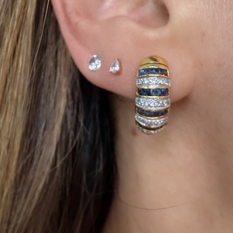 14k Yellow Gold Blue Sapphire and Diamond Stripe Huggie Earrings