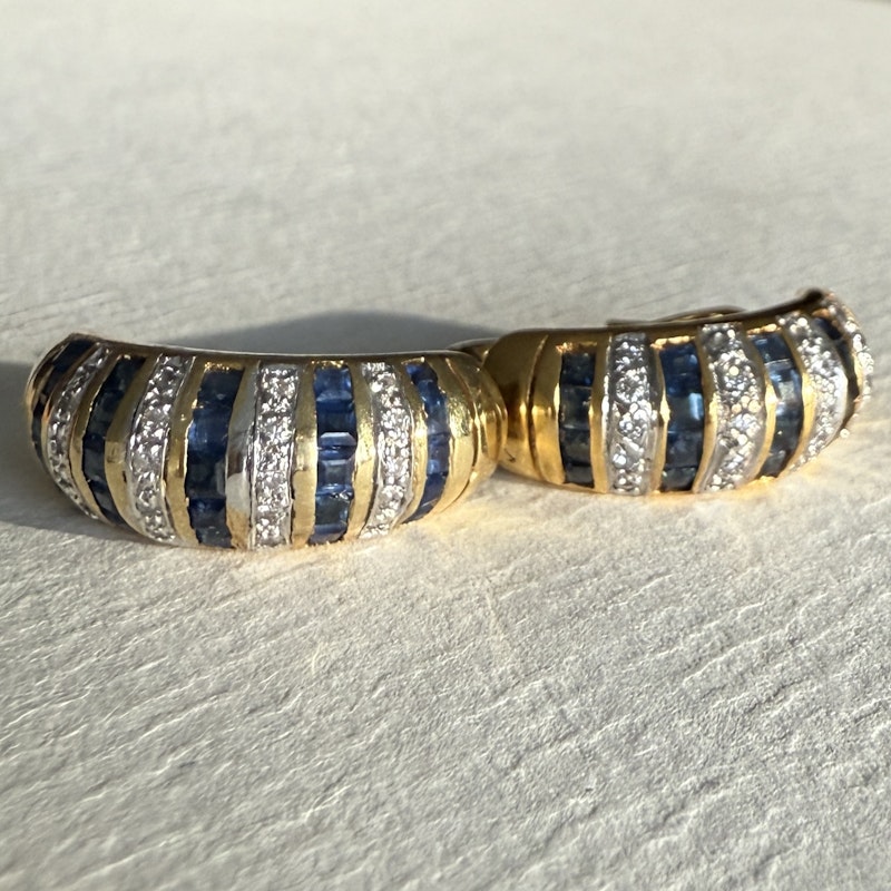 14k Yellow Gold Blue Sapphire and Diamond Stripe Huggie Earrings