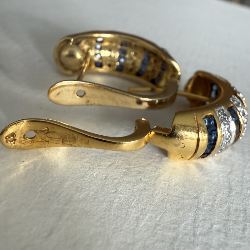 14k Yellow Gold Blue Sapphire and Diamond Stripe Huggie Earrings