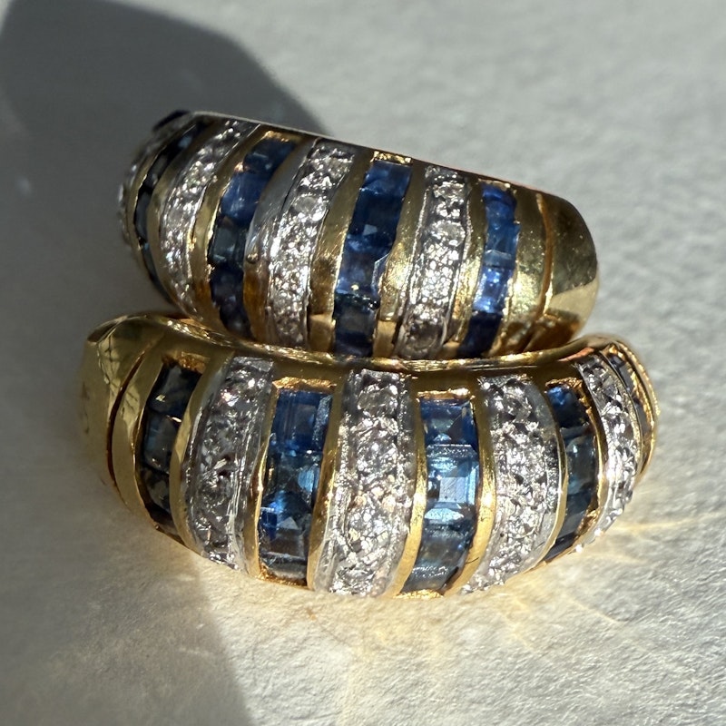 14k Yellow Gold Blue Sapphire and Diamond Stripe Huggie Earrings