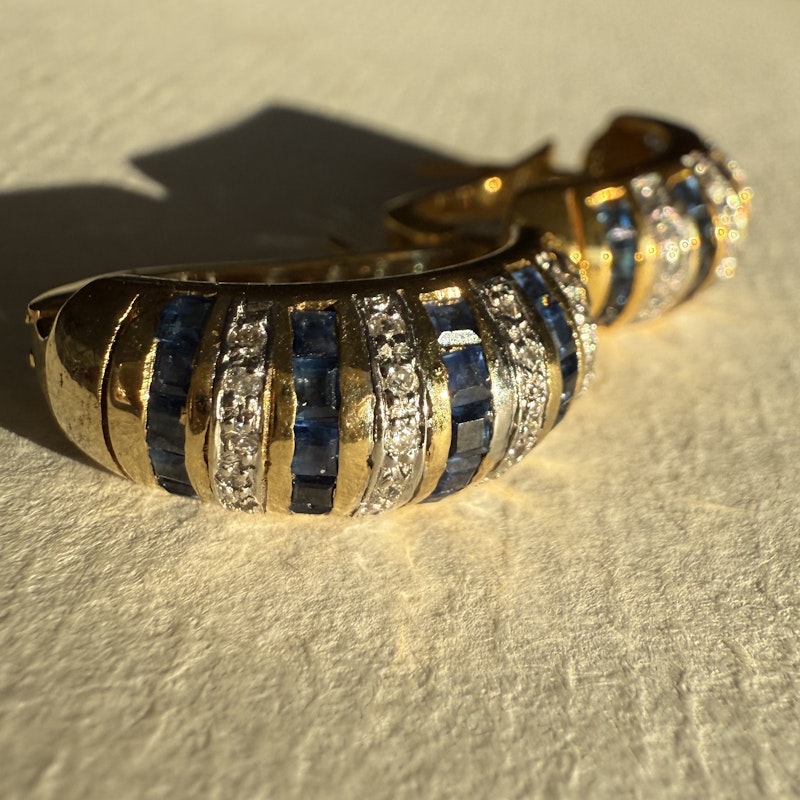 14k Yellow Gold Blue Sapphire and Diamond Stripe Huggie Earrings