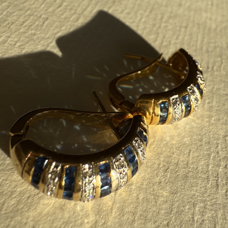 14k Yellow Gold Blue Sapphire and Diamond Stripe Huggie Earrings