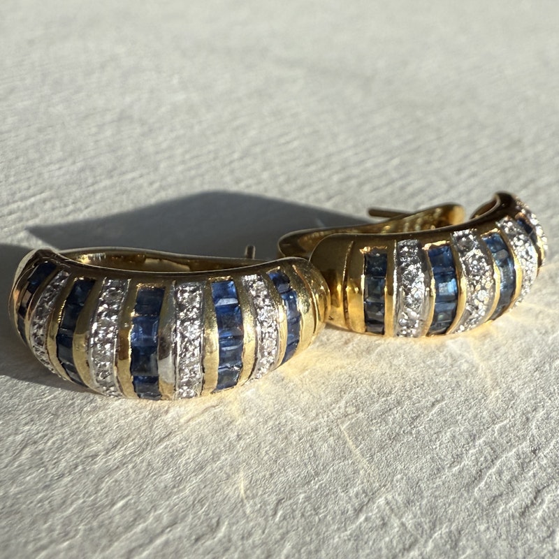 14k Yellow Gold Blue Sapphire and Diamond Stripe Huggie Earrings