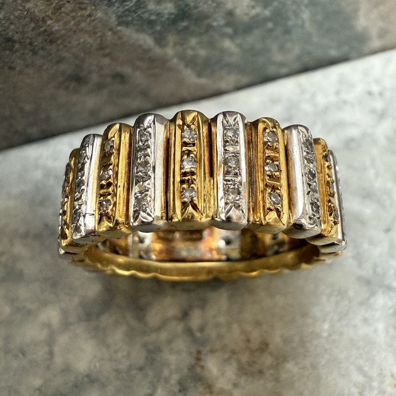 18k Two Tone Gold Diamond Fluted Ribbed Ring