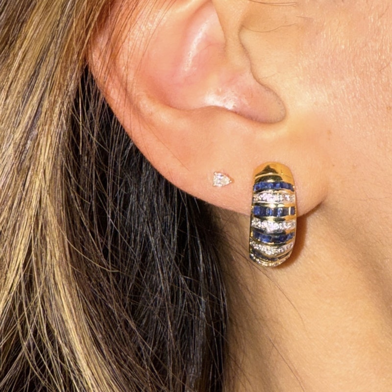 14k Yellow Gold Blue Sapphire and Diamond Stripe Huggie Earrings