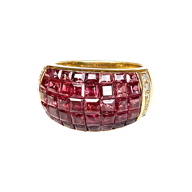 18k Yellow Gold Princess Cut Ruby and Diamond Dome Ring