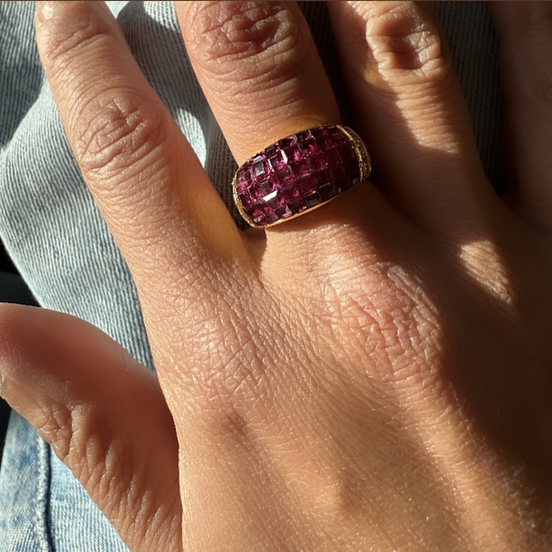 18k Yellow Gold Princess Cut Ruby and Diamond Dome Ring