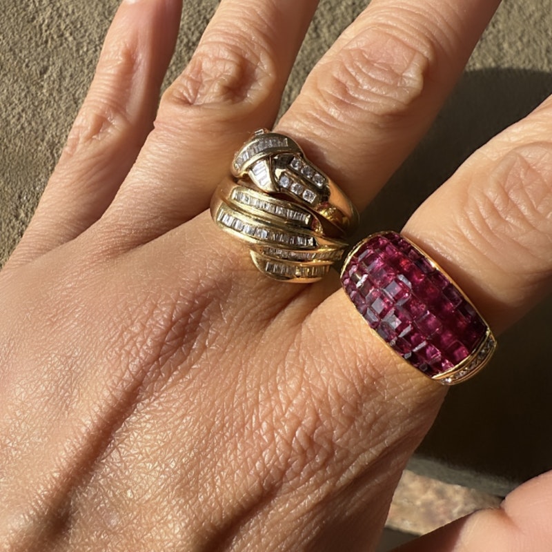 18k Yellow Gold Princess Cut Ruby and Diamond Dome Ring