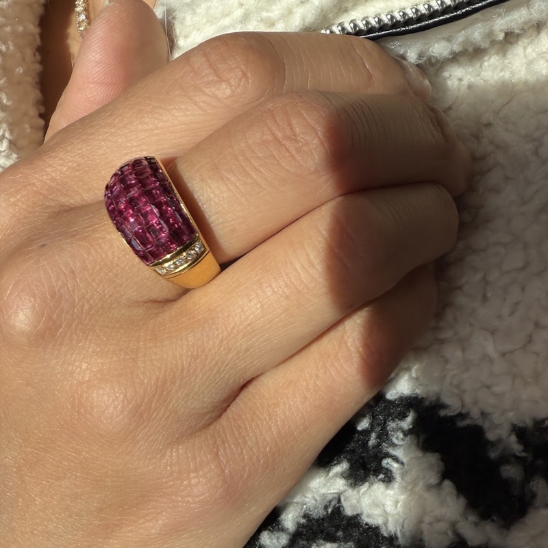 18k Yellow Gold Princess Cut Ruby and Diamond Dome Ring