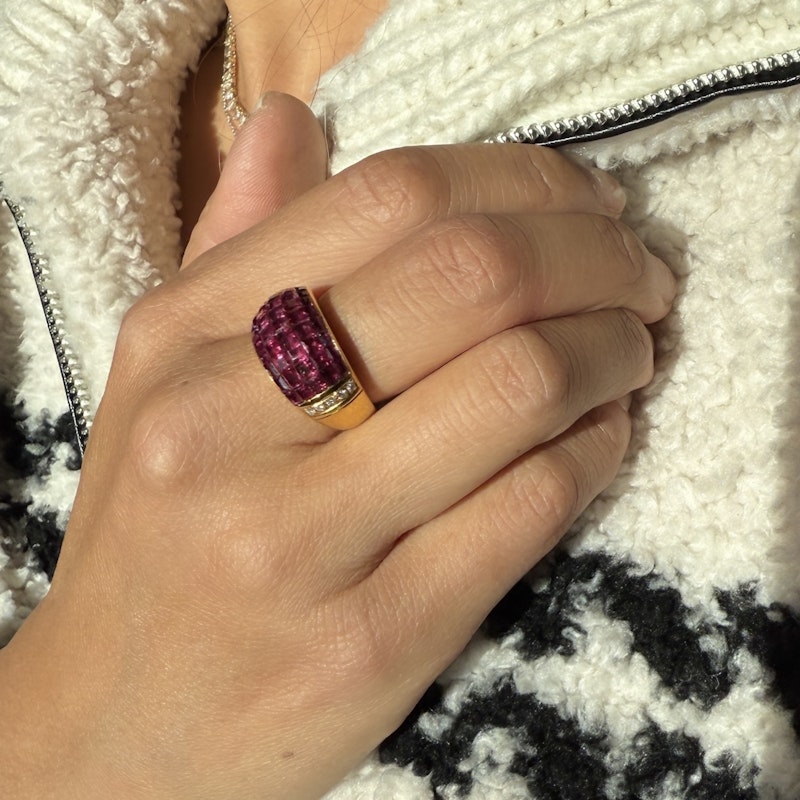 18k Yellow Gold Princess Cut Ruby and Diamond Dome Ring