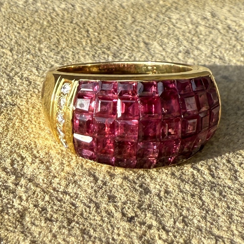18k Yellow Gold Princess Cut Ruby and Diamond Dome Ring