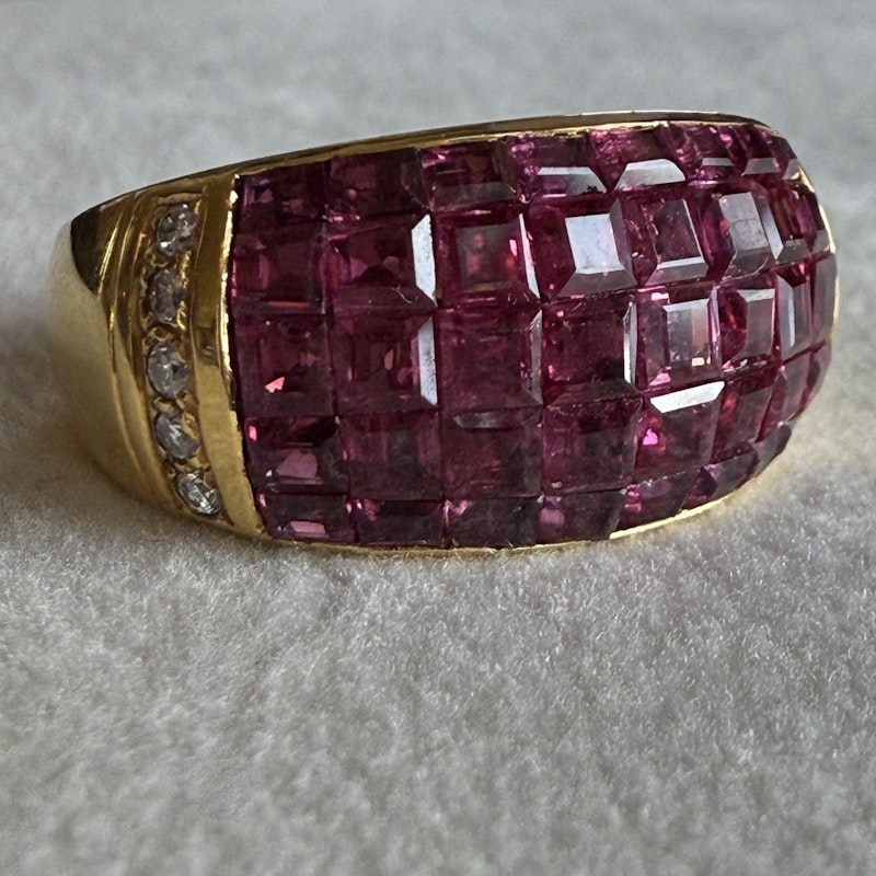 18k Yellow Gold Princess Cut Ruby and Diamond Dome Ring