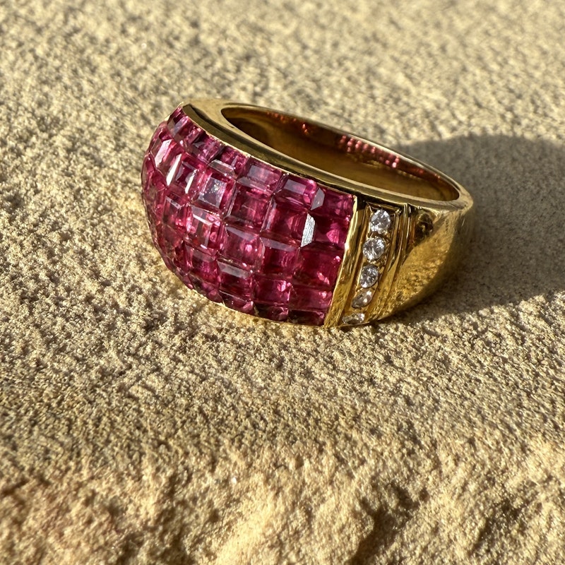 18k Yellow Gold Princess Cut Ruby and Diamond Dome Ring