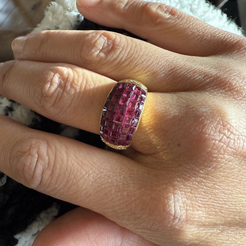 18k Yellow Gold Princess Cut Ruby and Diamond Dome Ring