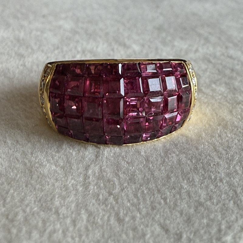 18k Yellow Gold Princess Cut Ruby and Diamond Dome Ring