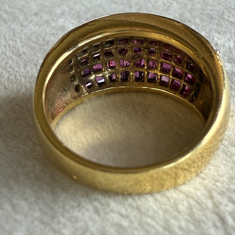 18k Yellow Gold Princess Cut Ruby and Diamond Dome Ring