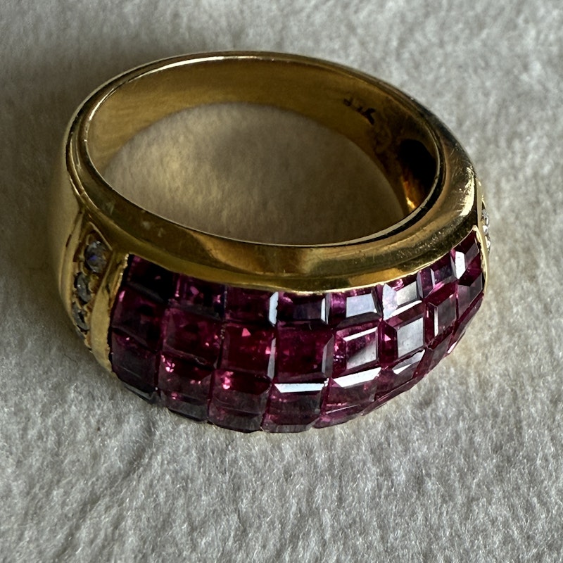 18k Yellow Gold Princess Cut Ruby and Diamond Dome Ring