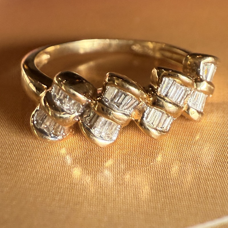 14k Yellow Gold Baguette Diamond Mini Bow Ring