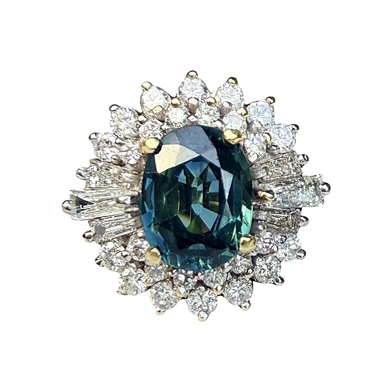 Vintage Art Deco 14k Yellow Gold Teal Sapphire & Diamond Halo Ring