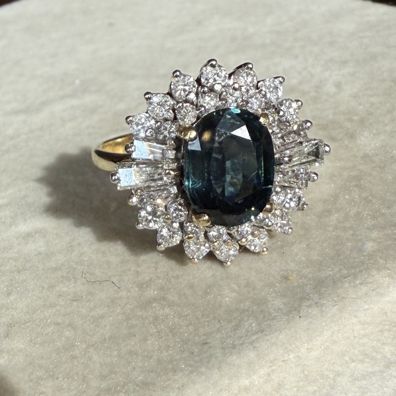 Vintage Art Deco 14k Yellow Gold Teal Sapphire & Diamond Halo Ring
