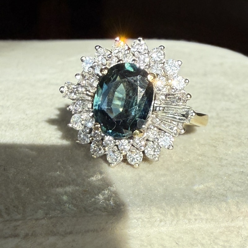 Vintage Art Deco 14k Yellow Gold Teal Sapphire & Diamond Halo Ring