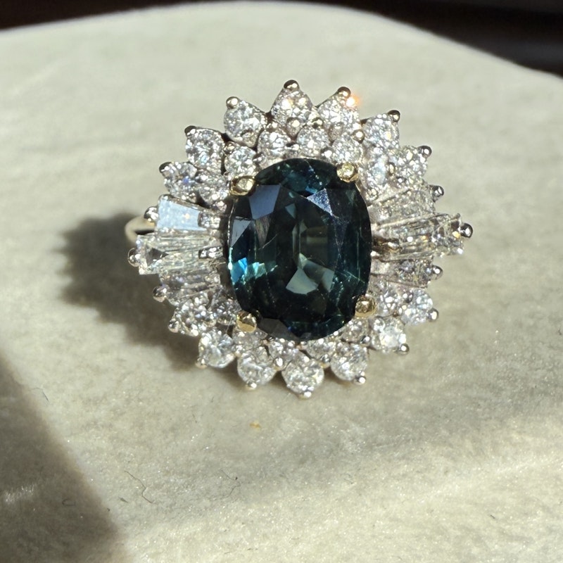 Vintage Art Deco 14k Yellow Gold Teal Sapphire & Diamond Halo Ring