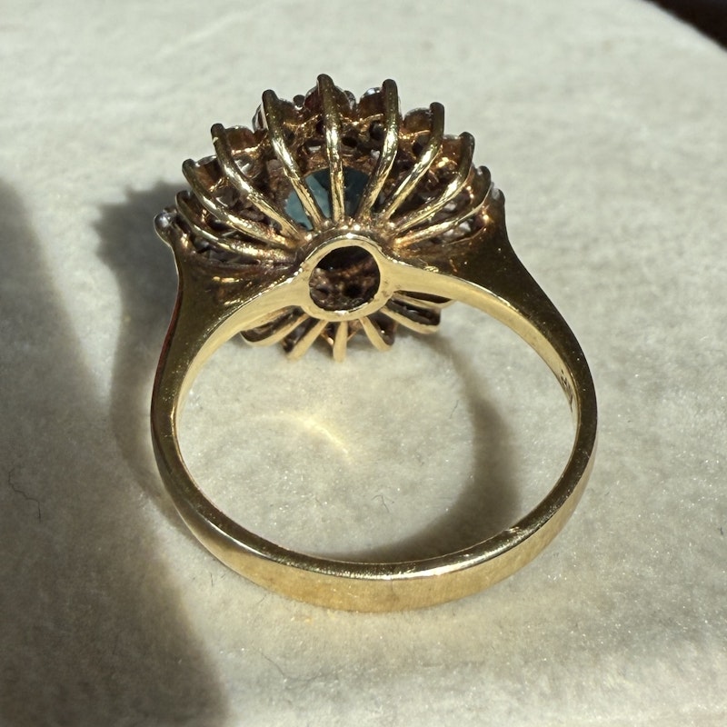 Vintage Art Deco 14k Yellow Gold Teal Sapphire & Diamond Halo Ring
