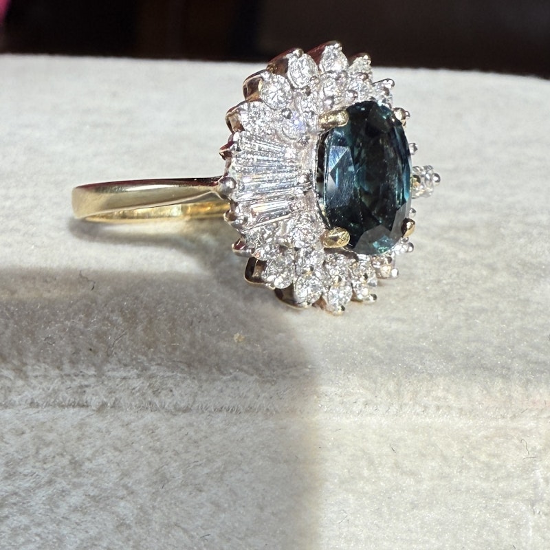Vintage Art Deco 14k Yellow Gold Teal Sapphire & Diamond Halo Ring