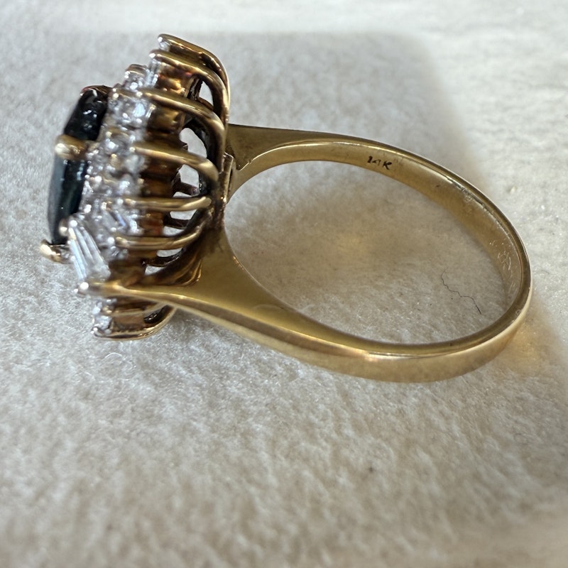Vintage Art Deco 14k Yellow Gold Teal Sapphire & Diamond Halo Ring