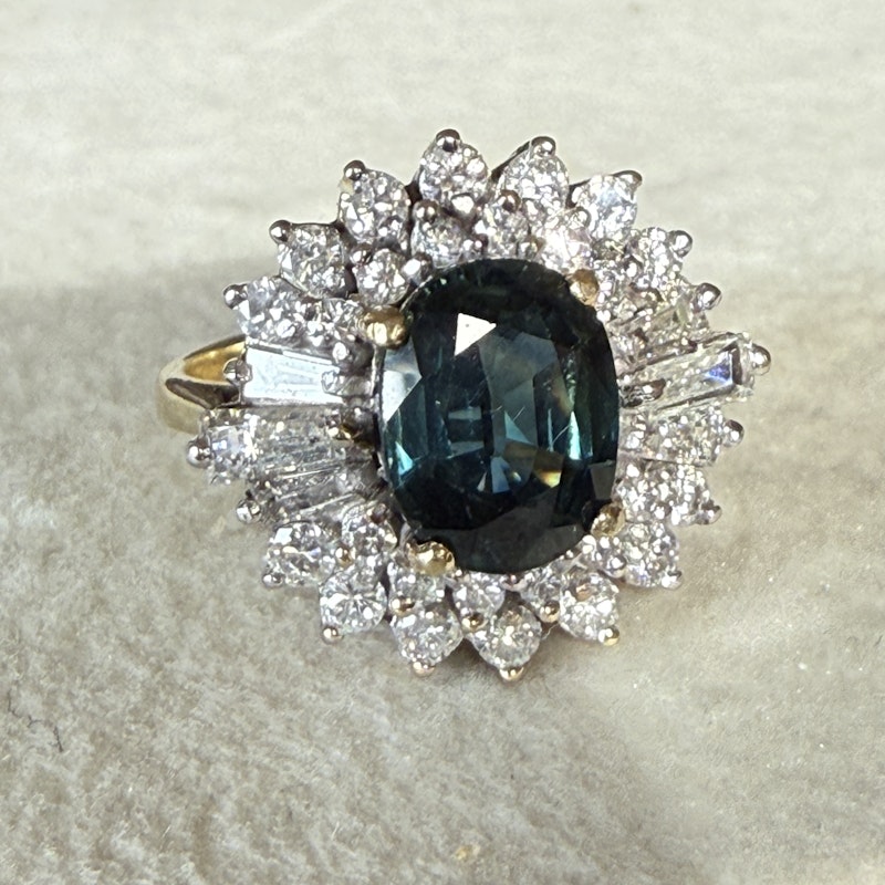 Vintage Art Deco 14k Yellow Gold Teal Sapphire & Diamond Halo Ring