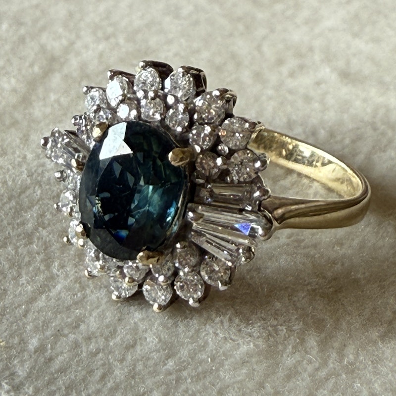 Vintage Art Deco 14k Yellow Gold Teal Sapphire & Diamond Halo Ring