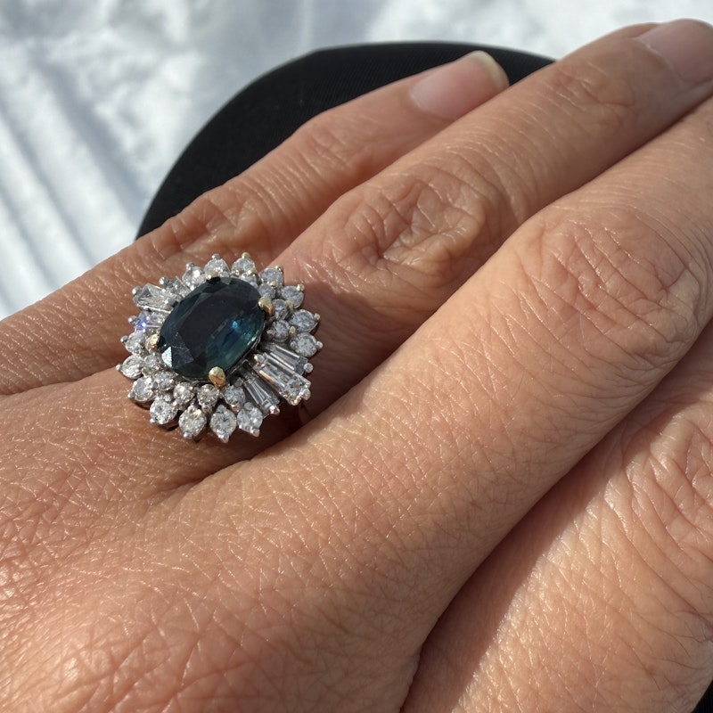 Vintage Art Deco 14k Yellow Gold Teal Sapphire & Diamond Halo Ring
