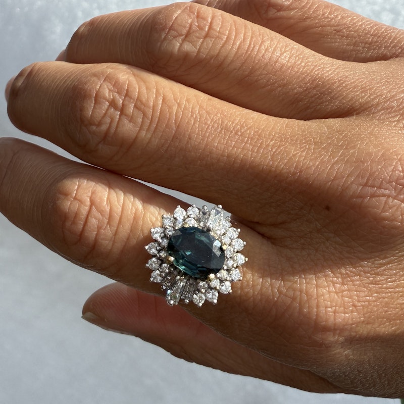 Vintage Art Deco 14k Yellow Gold Teal Sapphire & Diamond Halo Ring