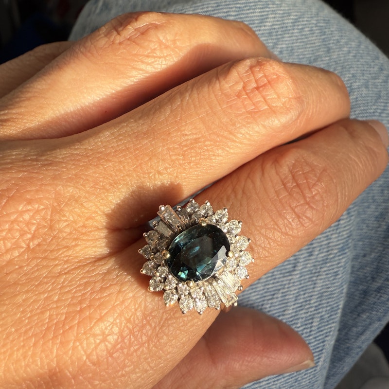 Vintage Art Deco 14k Yellow Gold Teal Sapphire & Diamond Halo Ring