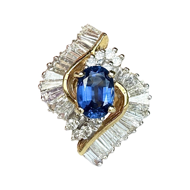 Oval Cut Blue Sapphire & Diamond Marquise Halo Ring