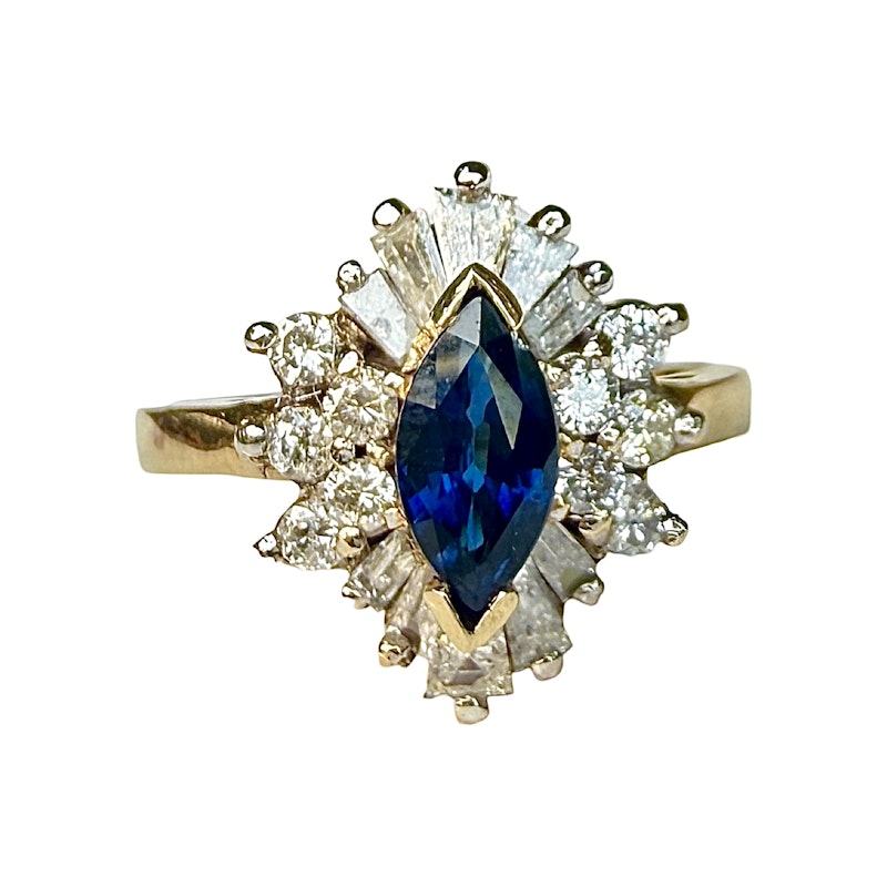 14k Yellow Gold Marquise Blue Sapphire & Diamond Halo Ring