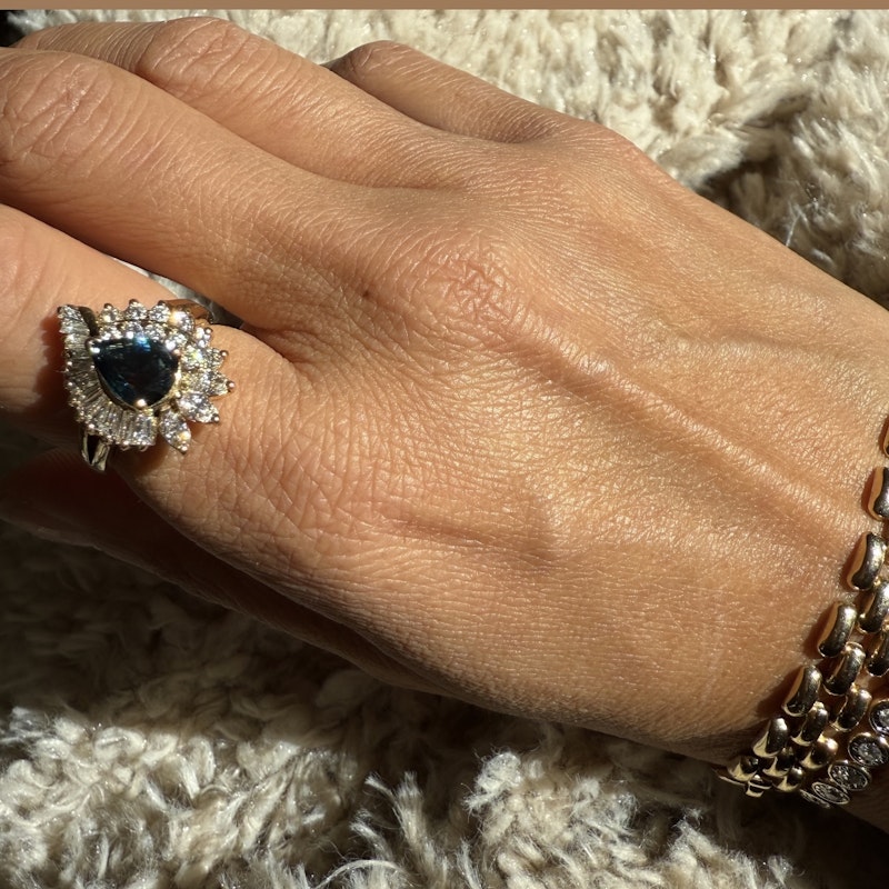 Pear Shaped Teal Sapphire and Diamond Spiral Halo Ring