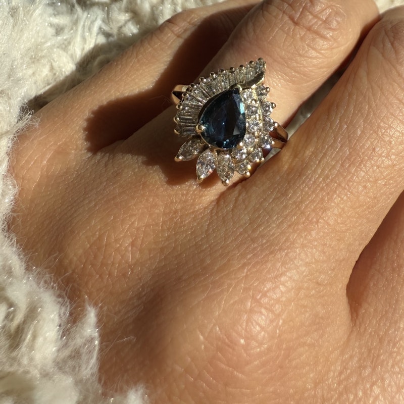 Pear Shaped Teal Sapphire and Diamond Spiral Halo Ring