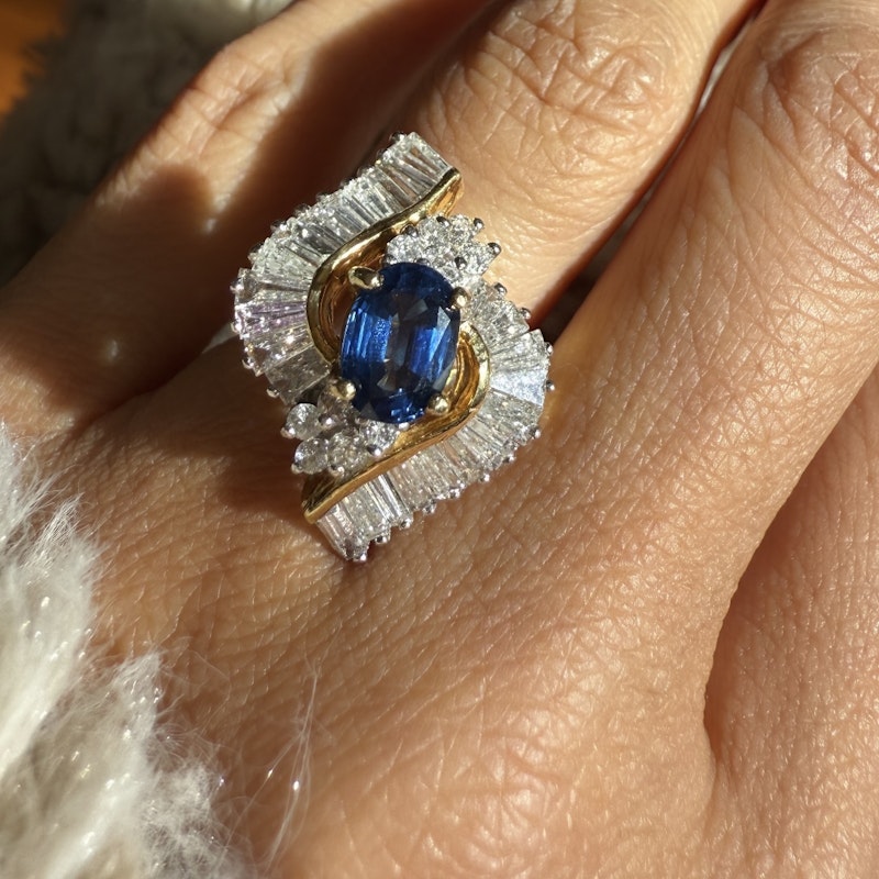 Oval Cut Blue Sapphire & Diamond Marquise Halo Ring