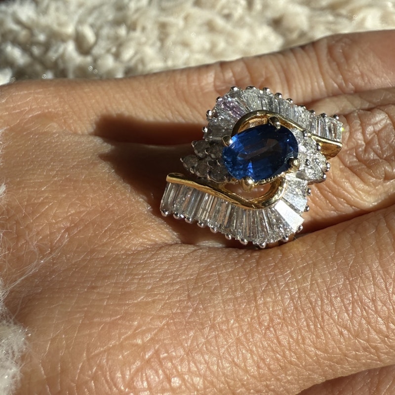 Oval Cut Blue Sapphire & Diamond Marquise Halo Ring